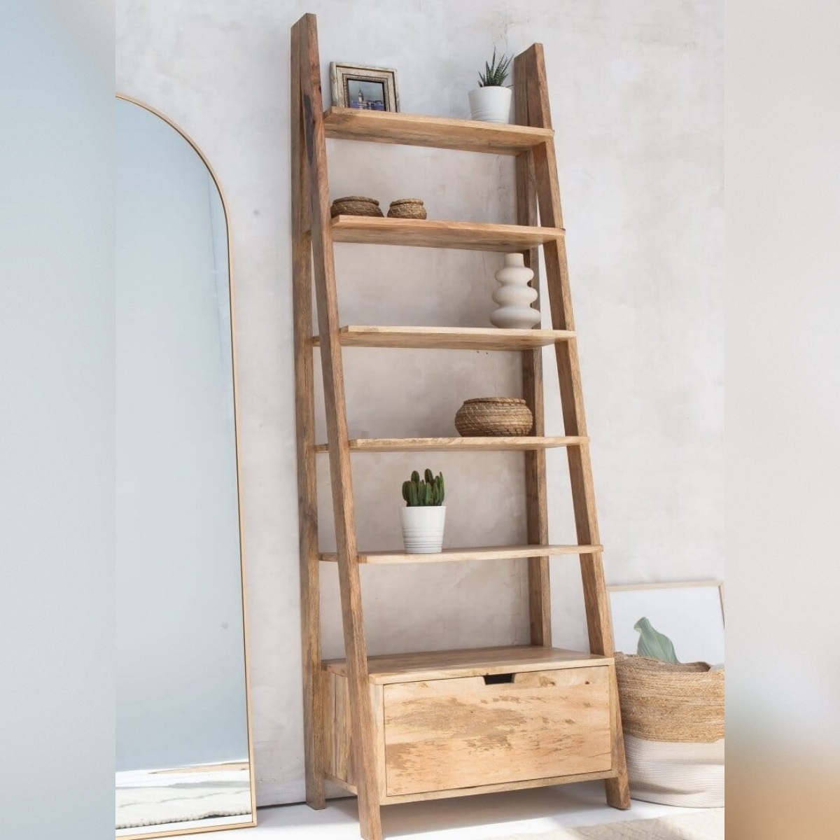 Vandana Merino Orion Ladder Wooden Bookcase with Drawer Modern Solid Wood Storage Furniture Vandana Merino Orion Ladder Wooden Bookcase with Drawer Modern Solid Wood Storage Furniture