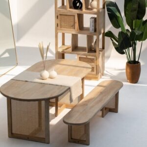 Vandana Aureo Grand Wooden Dining Table with Rattan Legs and Modern Contemporary Design