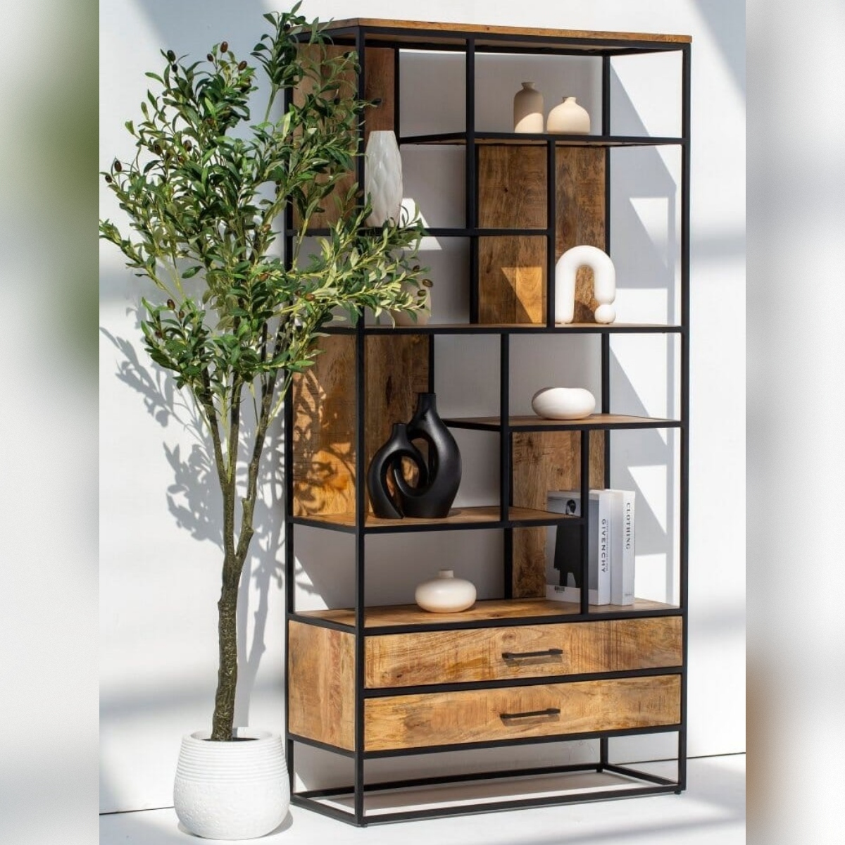 Vandana Altis Aston Shelf Unit with Two Drawers Modern Solid Wood Storage Furniture Design