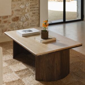 Vandana Hexa Astra Rectangular coffee table 110x70 cm in travertine and acacia wood Casilda