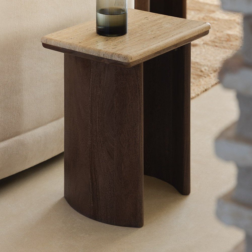 Vandana Terra Sierra travertine and acacia wood side table Vandana Terra Sierra travertine and acacia wood side table