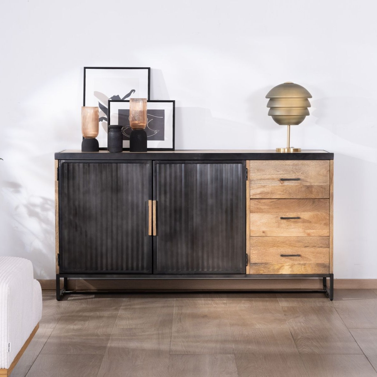 Vandana Autumn Frame 160cm designer sideboard in mango wood and fluted metal Kazag Vandana Autumn Frame 160cm designer sideboard in mango wood and fluted metal Kazag