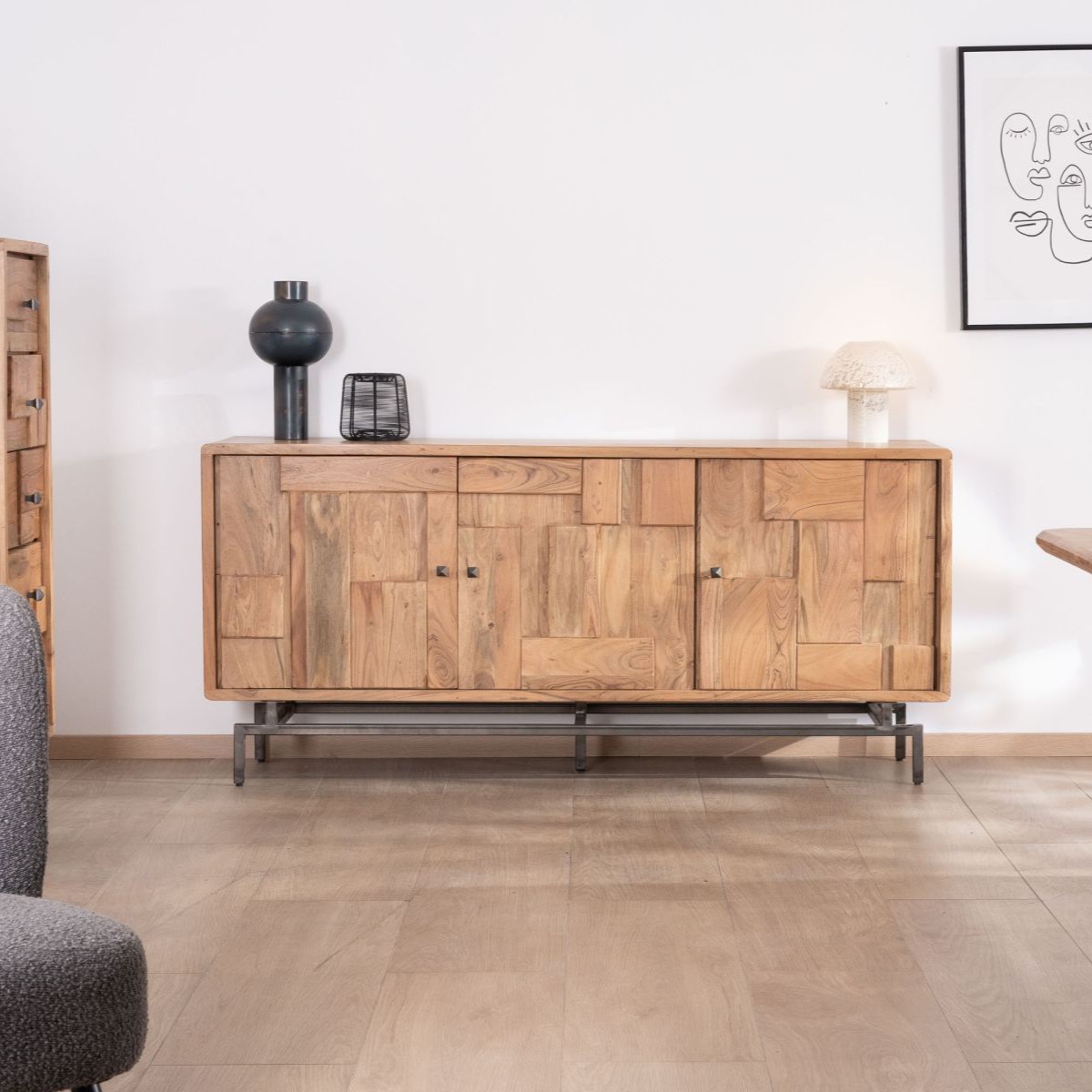 Vandana Autumn Mark 3-door sideboard with acacia wood Puzzle pattern inset fronts Vandana Autumn Mark 3-door sideboard with acacia wood Puzzle pattern inset fronts