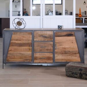 Vandana Crystal Balance industrial low sideboard in grey metal and solid mango wood