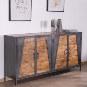 Vandana Crystal Grain industrial sideboard in grey metal and mango wood