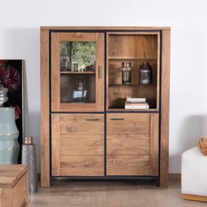 Vandana Crystal Shape sideboard in solid acacia wood with black relief, 3 doors and niche with glass shelves Fantaisie