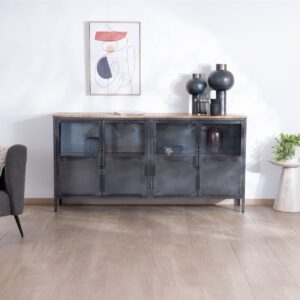 Vandana Autumn Core industrial glass-fronted sideboard in metal and exotic wood, 180 cm