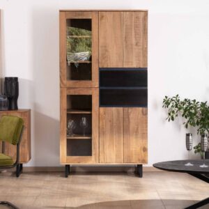 Vandana Autumn Texture acacia wood sideboard with glass doors and black drawers Bennett