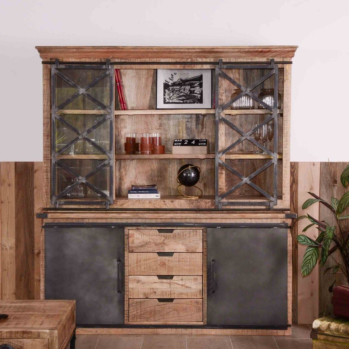 Vandana Autumn Style Large metal, glass and wood sideboard Character 180cm Vandana Autumn Style Large metal, glass and wood sideboard Character 180cm