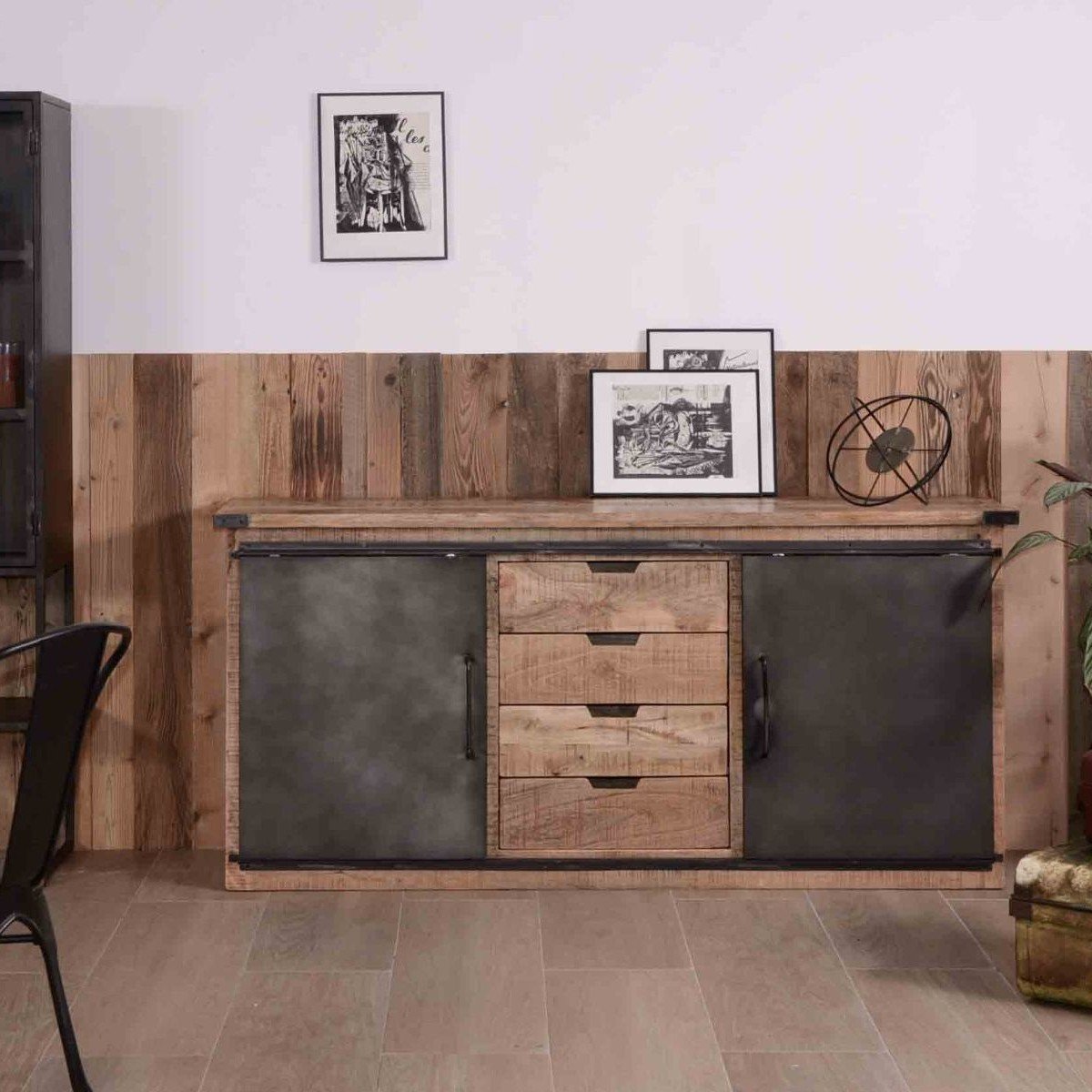 Vandana Autumn Form Industrial sideboard with sliding doors and wooden drawers, 180cm, Character Vandana Autumn Form Industrial sideboard with sliding doors and wooden drawers, 180cm, Character