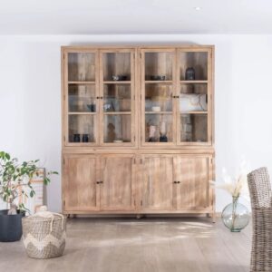 Vandana Amber Detail Large sideboard in natural mango wood with glass doors Maestro 200 cm