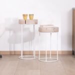 Vandana Crystal Volume Set of 2 round whitewashed side tables in wood and metal Nervure