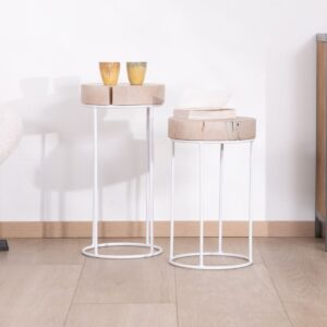 Vandana Crystal Volume Set of 2 round whitewashed side tables in wood and metal Nervure