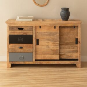 Vandana Vento Maxima Solid Mango Wood Sideboard with Drawers and Industrial Storage