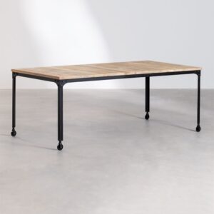 Vandana Amber Flow Rectangular dining table with wheels in recycled wood and steel (200x100 cm) Nika