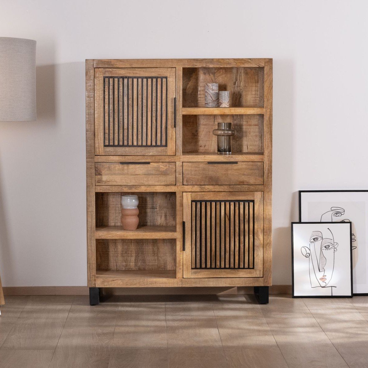Vandana Autumn Layer Mango wood sideboard with metal legs Manoha design, reversible grooved doors Vandana Autumn Layer Mango wood sideboard with metal legs Manoha design, reversible grooved doors