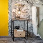 Vandana Crystal Mark designer bedside table in metal and wood with a stone veneer top