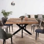 Vandana Ivory Field Square Dining Table 140cm Acacia Chevron Finish with Crossed Black Metal Legs