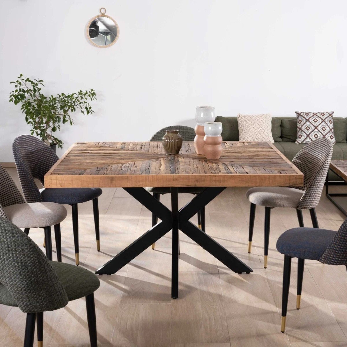 Vandana Ivory Field Square Dining Table 140cm Acacia Chevron Finish with Crossed Black Metal Legs Vandana Ivory Field Square Dining Table 140cm Acacia Chevron Finish with Crossed Black Metal Legs