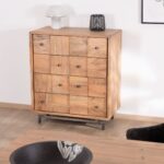 Vandana Royal Aura Four-drawer chest with checkerboard effect fronts in acacia wood Puzzle design, retro metal legs