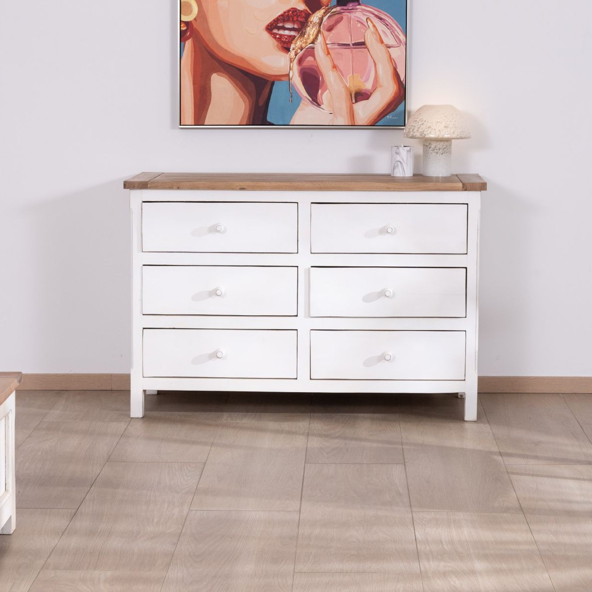 Vandana Royal Style 6-drawer chest in white acacia Equinoxe with natural top Vandana Royal Style 6-drawer chest in white acacia Equinoxe with natural top
