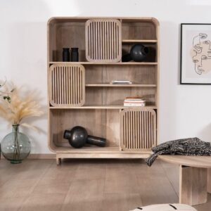 Vandana Royal Balance style minimalist mango wood bookcase with openwork sliding doors