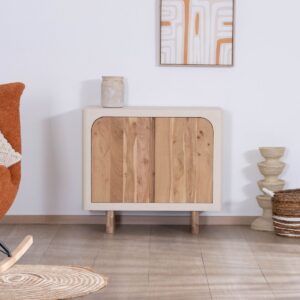 Vandana Royal Aspect Small designer storage unit in natural acacia wood with a sandblasted concrete effect finish Miona