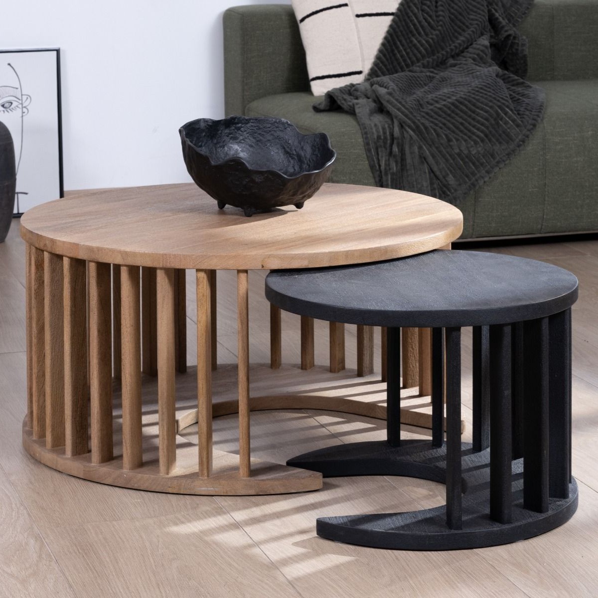 Vandana Golden Vision set of two round coffee tables in sandblasted brown and black mango wood Vandana Golden Vision set of two round coffee tables in sandblasted brown and black mango wood