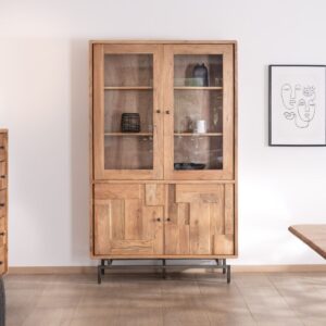 Vandana Urban Comfort Large 4-door retro-style display cabinet in acacia and metal with Puzzle pattern fronts