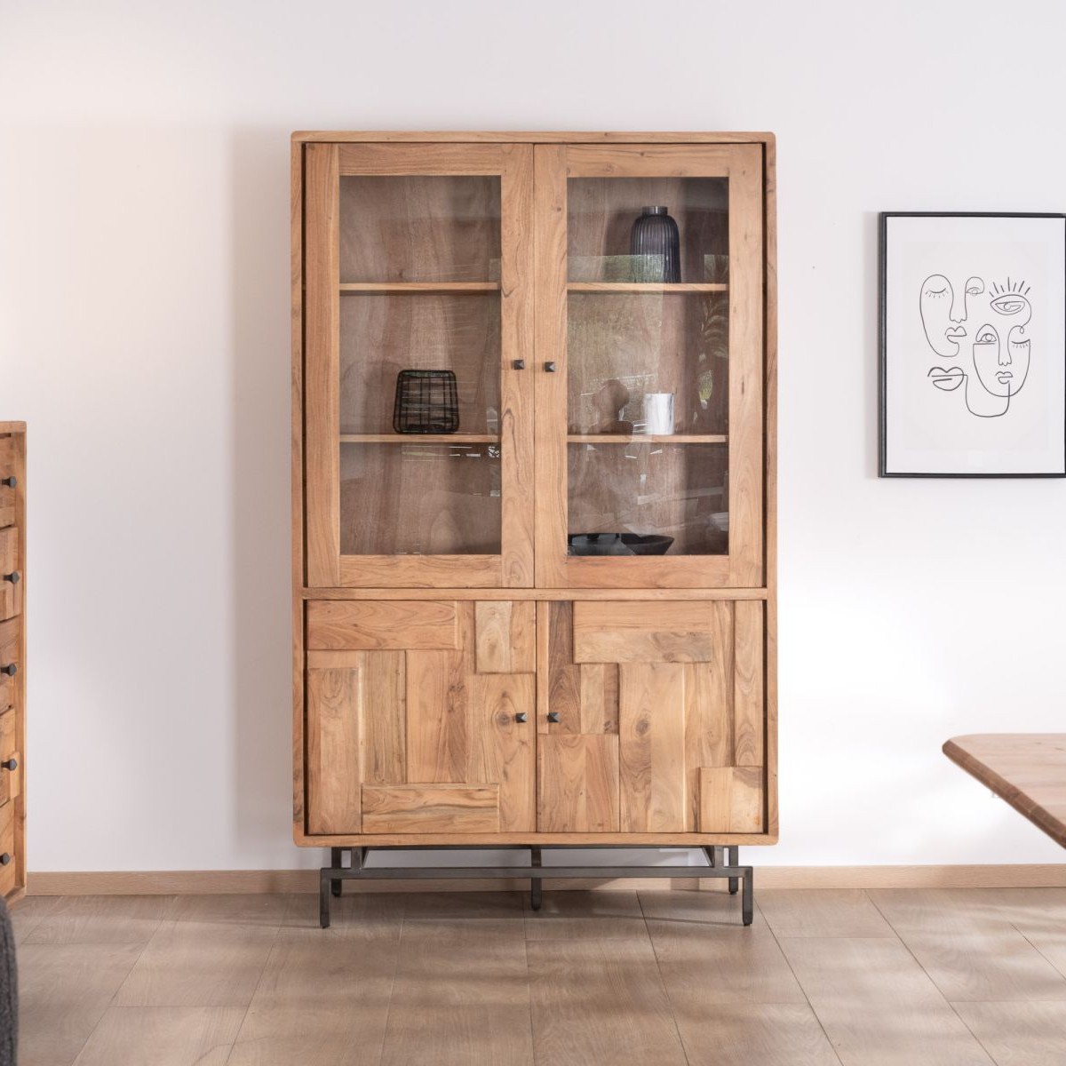 Vandana Urban Comfort Large 4-door retro-style display cabinet in acacia and metal with Puzzle pattern fronts Vandana Urban Comfort Large 4-door retro-style display cabinet in acacia and metal with Puzzle pattern fronts