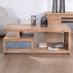 Vandana Golden Balance rectangular coffee table 120x70cm in solid acacia Paguera