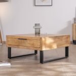 Vandana Golden Contour Square coffee table 80 cm in mango wood with metal legs Manoha with large drawer