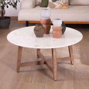 Vandana Golden Sense Round marble table 90 cm with angled solid mango wood legs Lor