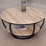 Vandana Silver Haven round double-tiered coffee table in solid mango wood with a black metal frame