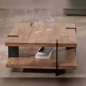 Vandana Silver Essence designer coffee table with double square wooden top and metal legs