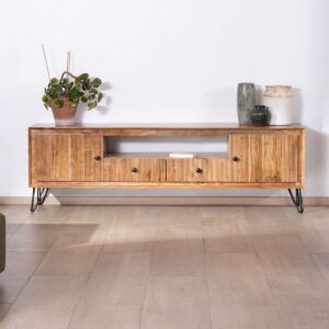 Vandana Silver Texture Large 195cm TV unit in acacia wood with embossed fronts and metal legs Wendy