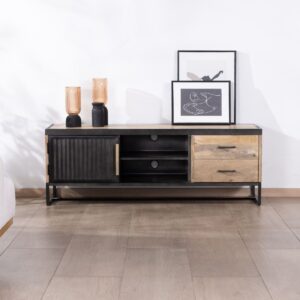 Vandana Silver Surface 140cm TV stand in fluted metal and mango wood Kazag