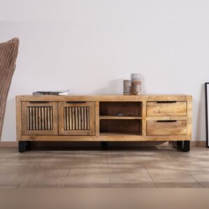 Vandana Silver Edge 180cm TV bench in mango wood with metal legs Manoha