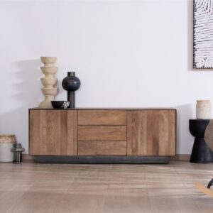 Vandana Silver Volume 150cm TV unit in minimalist Santo style mango wood with doors and drawers