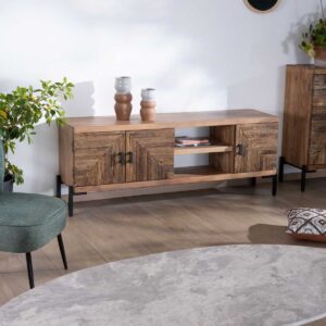 Vandana Silver Detail style TV unit in solid acacia wood with metal legs Geonidum 160cm, 3 doors and 2 niches