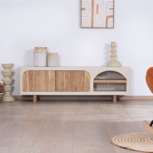 Vandana Ivory Form Contemporary TV unit with a sandblasted concrete and acacia wood finish Miona