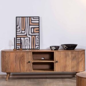 Vandana Ivory Style Large 175cm vintage rounded design TV unit in solid acacia wood Boomer with 2 doors and 2 niches