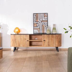 Vandana Ivory Harmony Large two-tone wood and black TV stand with rounded vintage design Boogie 175cm