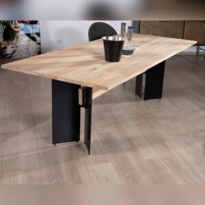 Vandana Ivory Essence Solid mango wood dining table, 240cm, with designer wood and black metal base Saturn Coeval