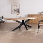 Vandana Ivory Matter 200cm dining table with mango wood top and natural edges Presolino metal cross legs
