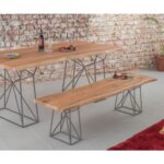 Item No.: VND-ZEN-MARK-178 Size: L 178 × D 45 × H 45 cm Material: Solid Acacia Wood & Grey Metal Description: Natural-edge solid acacia bench with teak finish and airy grey metal legs, ideal for dining spaces and loft-style interiors.