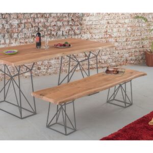 Item No.: VND-ZEN-MARK-178 Size: L 178 × D 45 × H 45 cm Material: Solid Acacia Wood & Grey Metal Description: Natural-edge solid acacia bench with teak finish and airy grey metal legs, ideal for dining spaces and loft-style interiors.