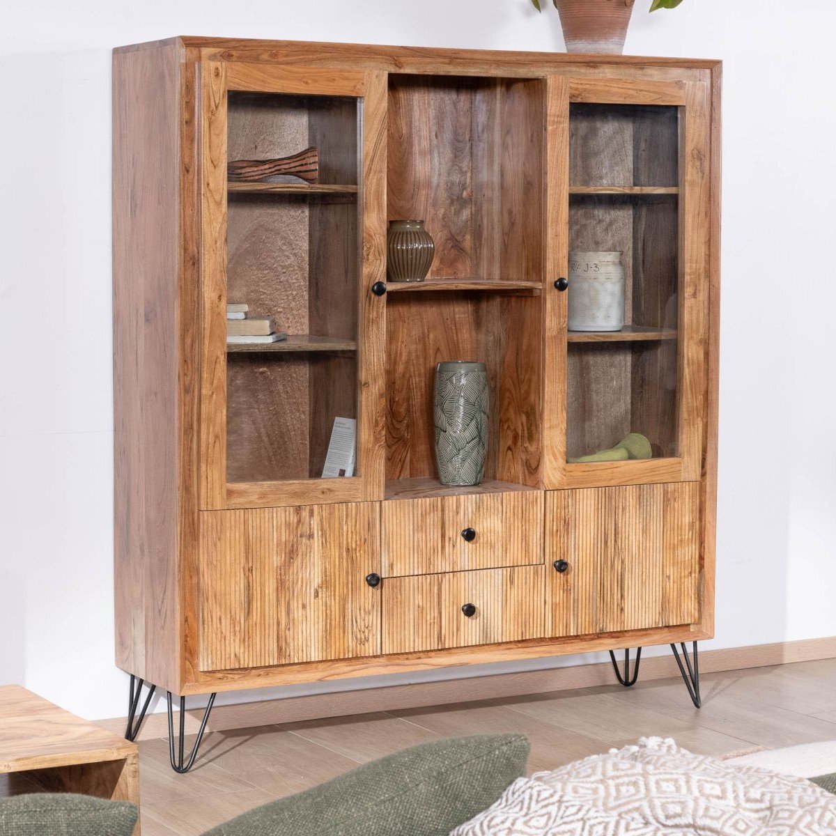 Vandana Urban Space acacia wood sideboard with metal legs, Wendy style, featuring embossed fronts and glass doors Vandana Urban Space acacia wood sideboard with metal legs, Wendy style, featuring embossed fronts and glass doors