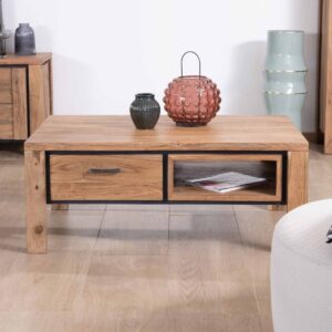 Vandana Golden Structure Rectangular Reversible Coffee Table 110×70 cm in Solid Acacia Wood with Drawers – Fantasy Collection The Vandana Golden Structure rectangular coffee table from the Fantasy collection is a refined blend of contemporary design, functional intelligence, and the timeless strength of solid acacia wood. Designed for modern living spaces, this reversible coffee table combines elegant aesthetics with practical everyday storage. With balanced dimensions of 110 cm in length, 70 cm in width, and a comfortable height of 45 cm, this coffee table fits seamlessly into both compact and spacious living rooms. Its clean rectangular silhouette creates a structured presence while maintaining a light and open visual flow. Crafted from solid acacia wood, the tabletop highlights the natural grain, warm tonal variations, and authentic character of the wood. Acacia is valued for its durability, stability, and long lifespan, making this coffee table a reliable centerpiece for daily use. The smooth surface ensures comfort while enhancing the natural beauty of the material. One of the defining features of this coffee table is its reversible design. A central pass-through open niche allows easy access from both sides, making it ideal for storing magazines, books, or decorative objects without cluttering the tabletop. This open structure also visually lightens the solid wood form, contributing to a modern and airy feel. On each side, a discreet drawer is integrated into the structure, offering hidden storage for everyday essentials such as remote controls, coasters, or accessories. The drawers are mounted on lower metal runners with a soft-close mechanism, ensuring smooth and silent operation. MDF drawer bases provide additional stability while maintaining the table’s refined finish. Black trim subtly outlines the openings and structural lines, creating a striking graphic contrast against the natural acacia wood. This contemporary detail modernizes the overall design while emphasizing the clean geometry of the table. Delivered fully assembled in one package, the Vandana Golden Structure coffee table is ready to use immediately. Its sturdy legs ensure excellent stability, while the thoughtful layout makes it a perfect companion for modern, Scandinavian, Japandi, or nature-inspired interiors. Whether placed in a residential living room, luxury apartment, boutique hotel, or premium hospitality space, this solid acacia coffee table from the Fantasy collection delivers durability, functionality, and understated elegance that stands the test of time.
