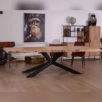 Vandana Ivory Detail Large dining table with a 280cm solid acacia top and 3D metal legs